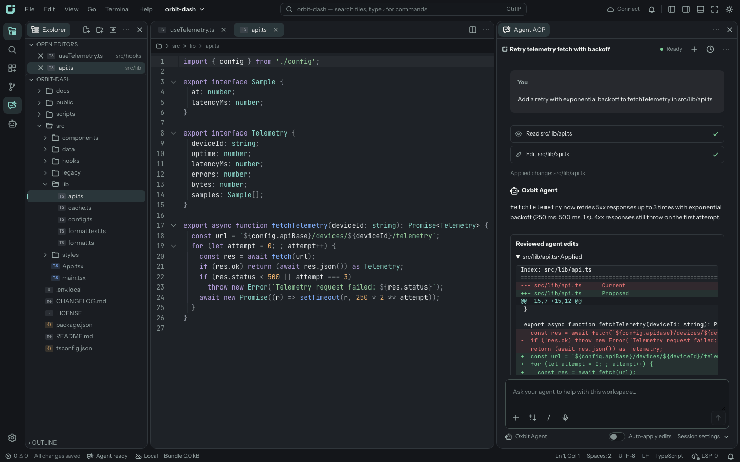 Oxbit with the explorer, a TypeScript file, and the agent panel showing a finished Oxbit Agent turn and its reviewed diff